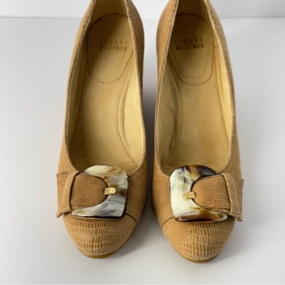 Stuart Weitzman Bucalina Wedge Heels Lizard-Embossed Leather Tortoise Buckle 7.5 - Picture 2 of 14